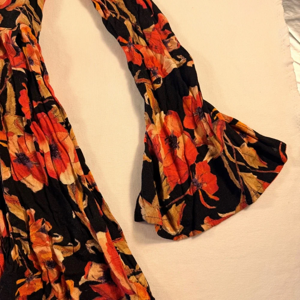Free People Floral Mini Dress‎ 4 Black Orange Cutout Keyhole Bell Sleeve Boho
